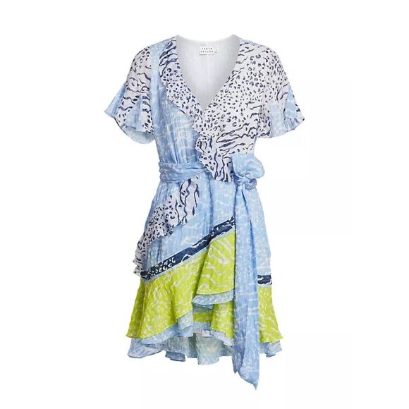 Tanya Taylor Bianka Silk Wrap Dress in Leopard Zebra Light Blue - Picture 1 of 9